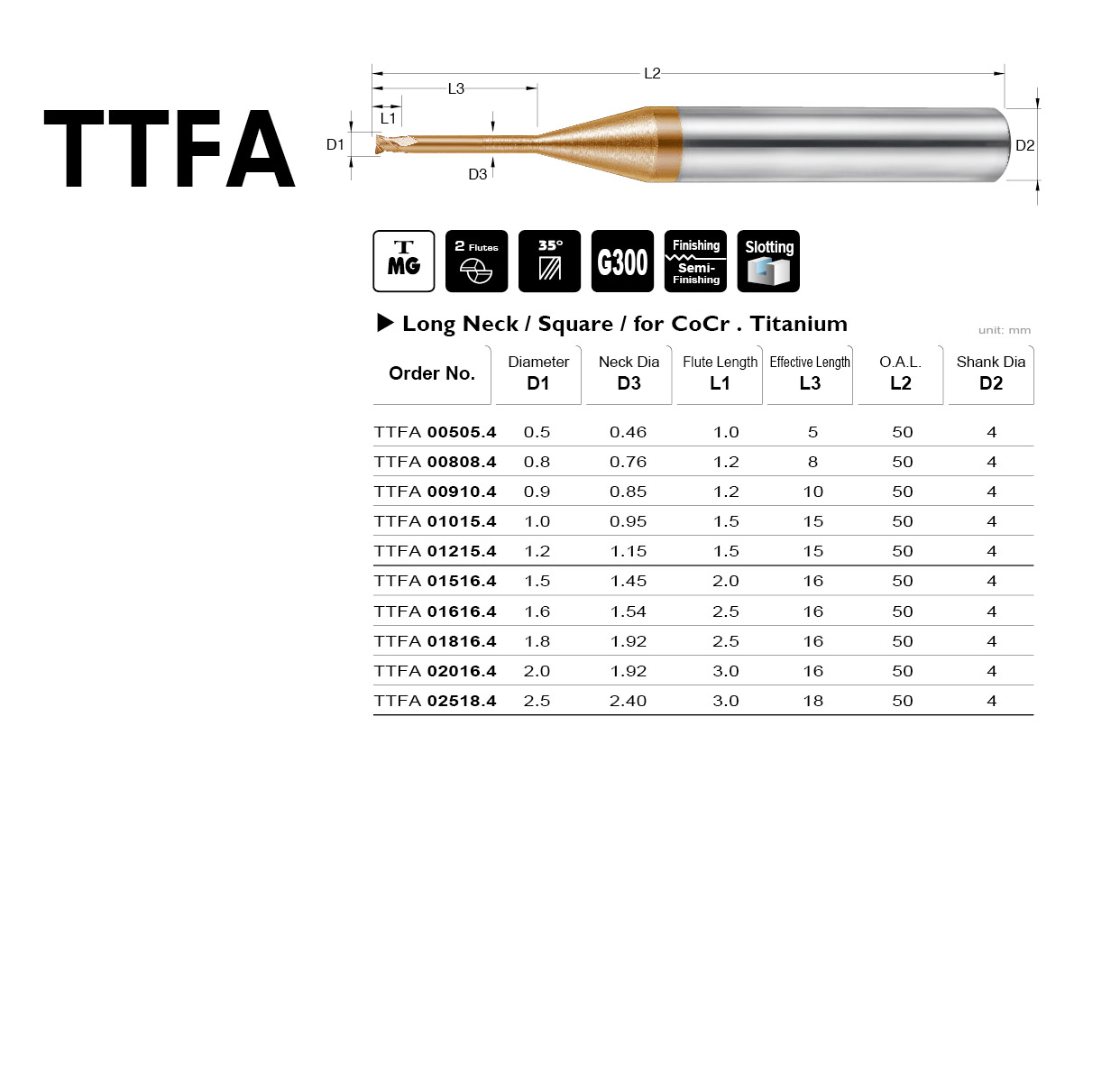 Flat End Mill,Dental,Long Neck,CoCr.Titanium TTFA